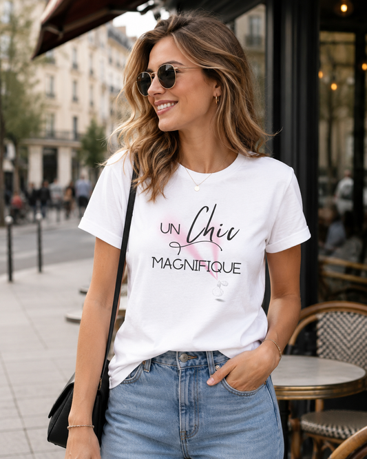 Woman wearing white t-shirt with text 'UN Chic Magnifique'