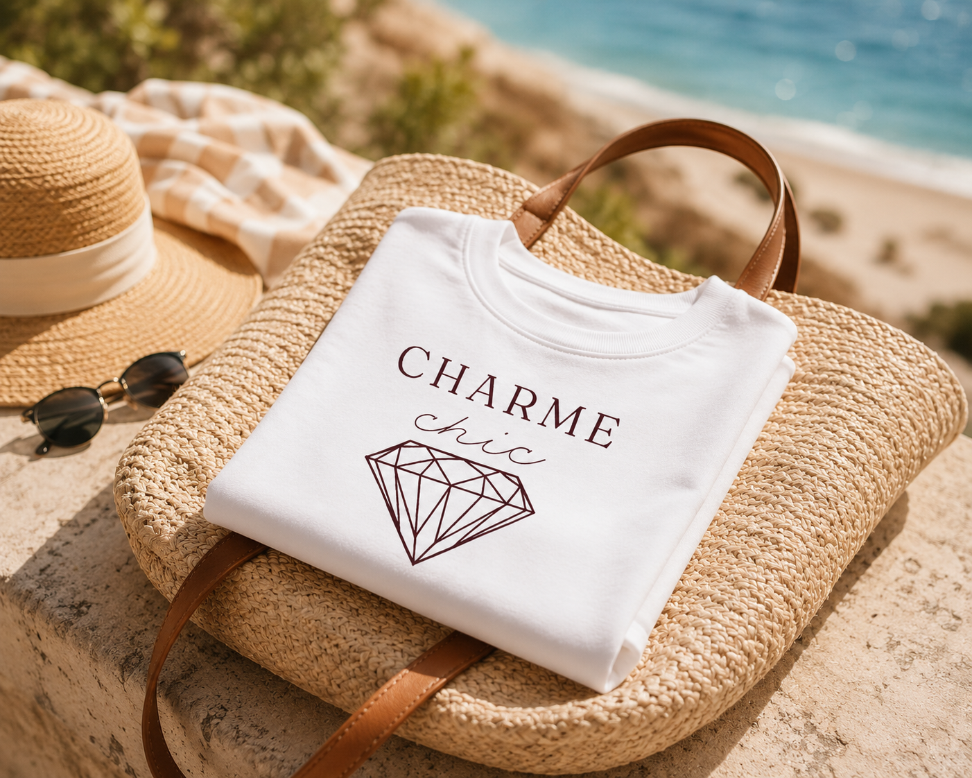 A folded white T-shirt with the words 'CHARME chic' and a diamond graphic printed on the front, styled on top of a woven straw tote bag outdoors near a beach.