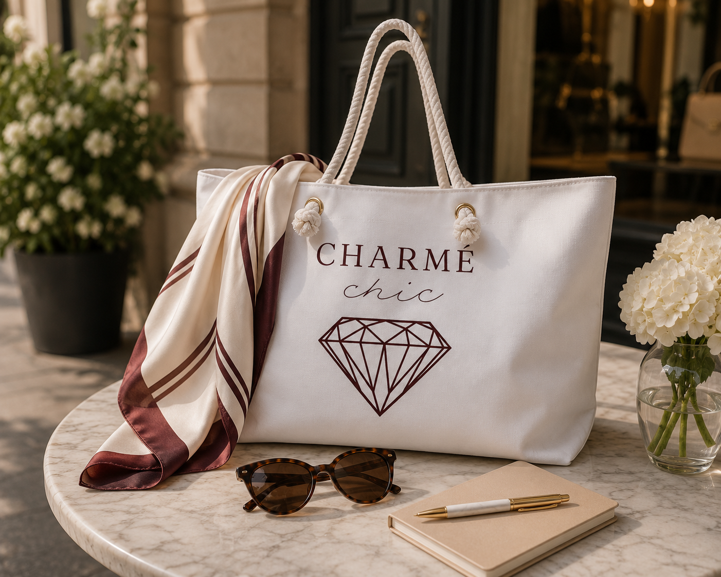 White weekender bag with text 'charme chic' 