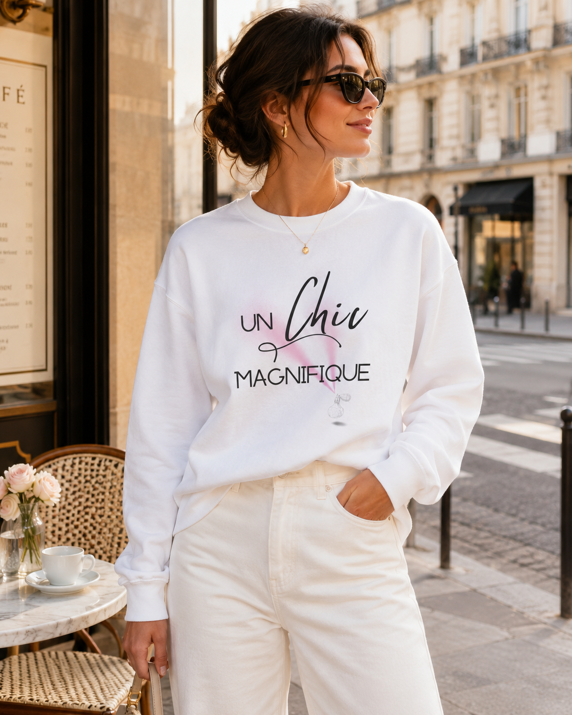 A woman wearing a white crewneck sweatshirt with a French graphic print that reads 'UN Chic Magnifique' in black and pink script, paired with white pants, standing on a city street.