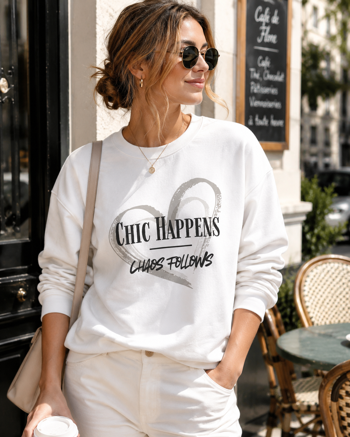 A woman wearing a white crewneck sweatshirt with a black graphic print that reads 'CHIC HAPPENS CHAOS FOLLOWS', paired with white pants, sunglasses, and a beige shoulder bag, standing in front of a cafe.