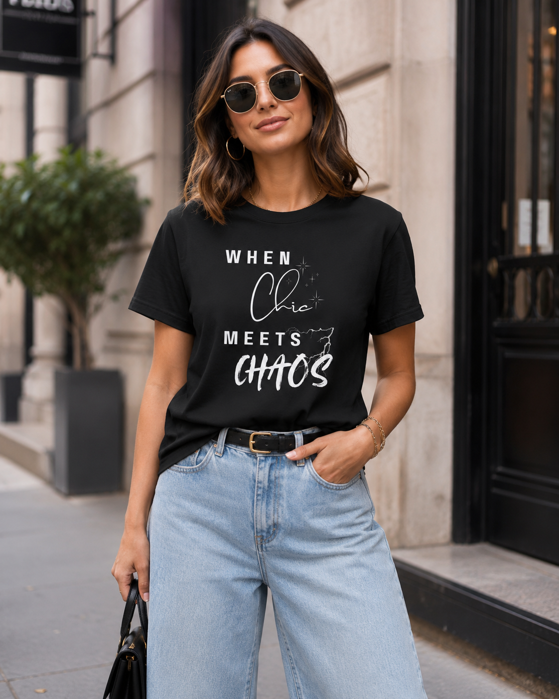A woman wearing a black graphic t-shirt with the text 'WHEN Chic MEETS CHATOS' in white, paired with light-wash blue jeans, standing on a city street.