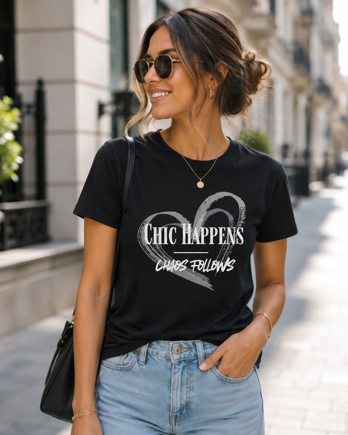 A woman wearing a black graphic t-shirt with a white distressed heart and the text 'Chic Happens Chaos Follows' stands on a city street.