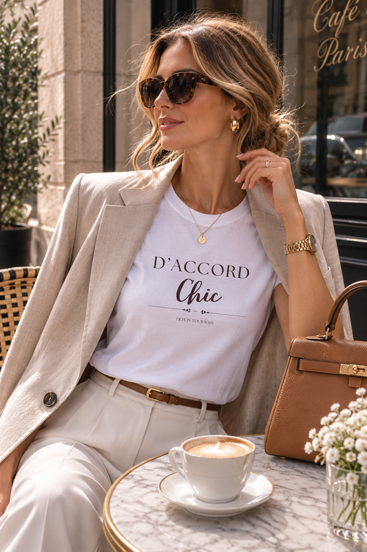 A woman sits at a cafe table wearing a white graphic t-shirt with 'D'ACCORD Chic' printed on the front, styled with a beige blazer, cream trousers, sunglasses, and a brown handbag.