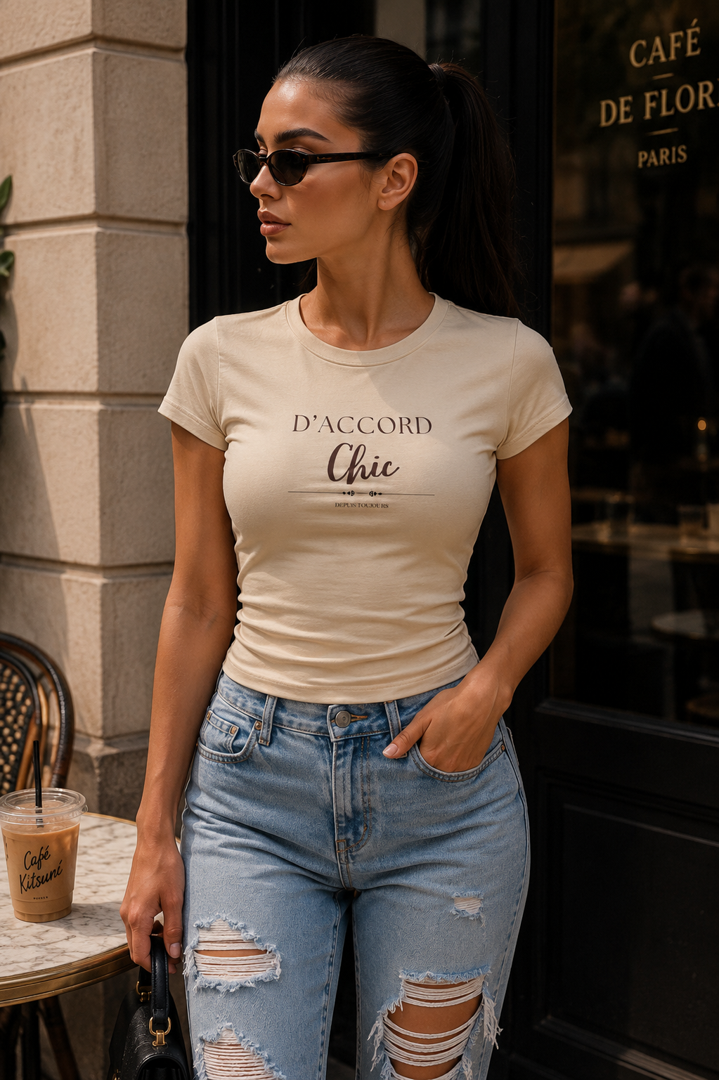 A woman wearing a fitted cream-colored t-shirt with 'D'ACCORD Chic' printed on the front, paired with distressed light-wash blue jeans, standing on a city street in front of a cafe.
