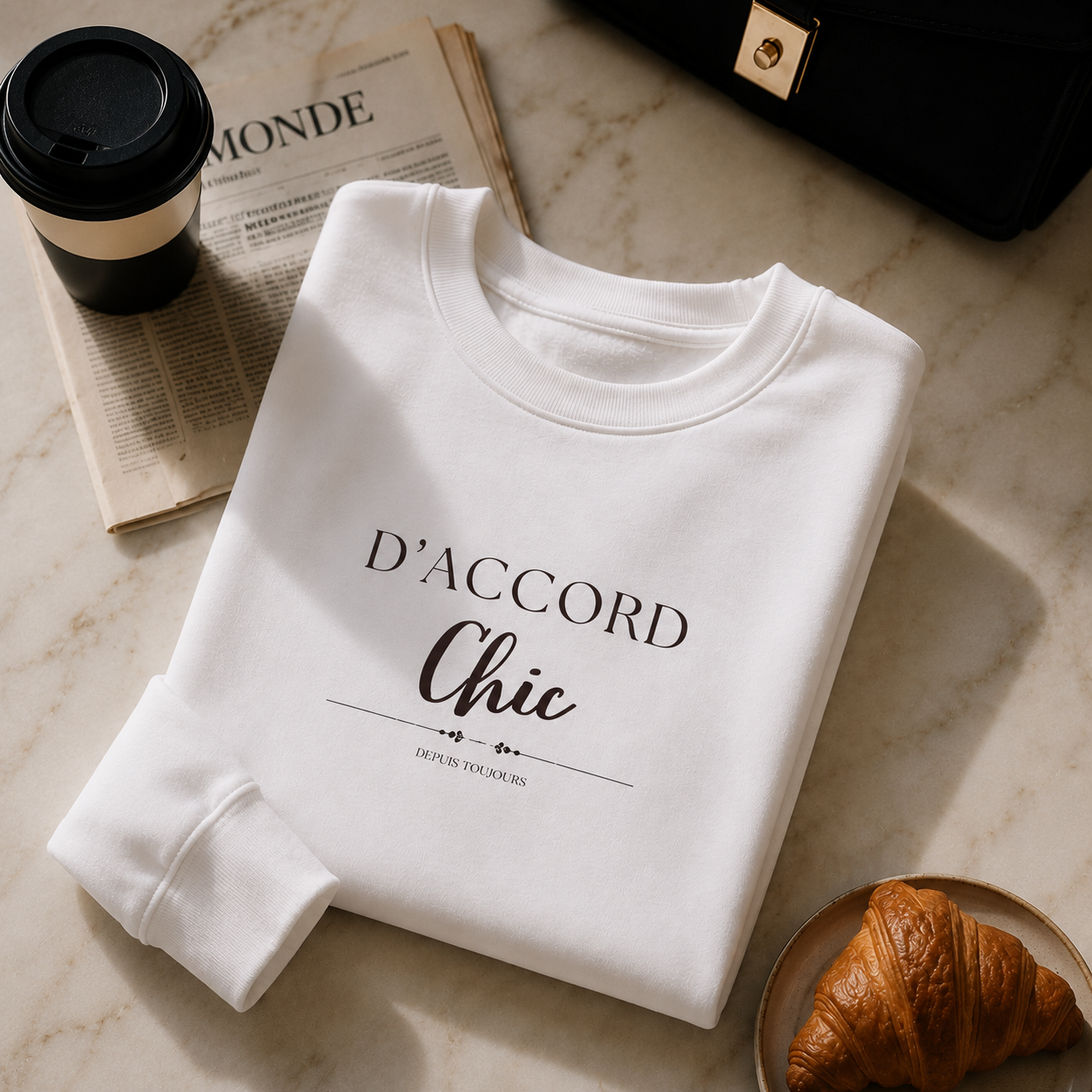 A folded white crewneck sweatshirt with black printed text reading 'D'ACCORD Chic' lies on a light marble surface. A black takeaway coffee cup, a newspaper, a black bag, and a croissant are arranged around it as styled props.