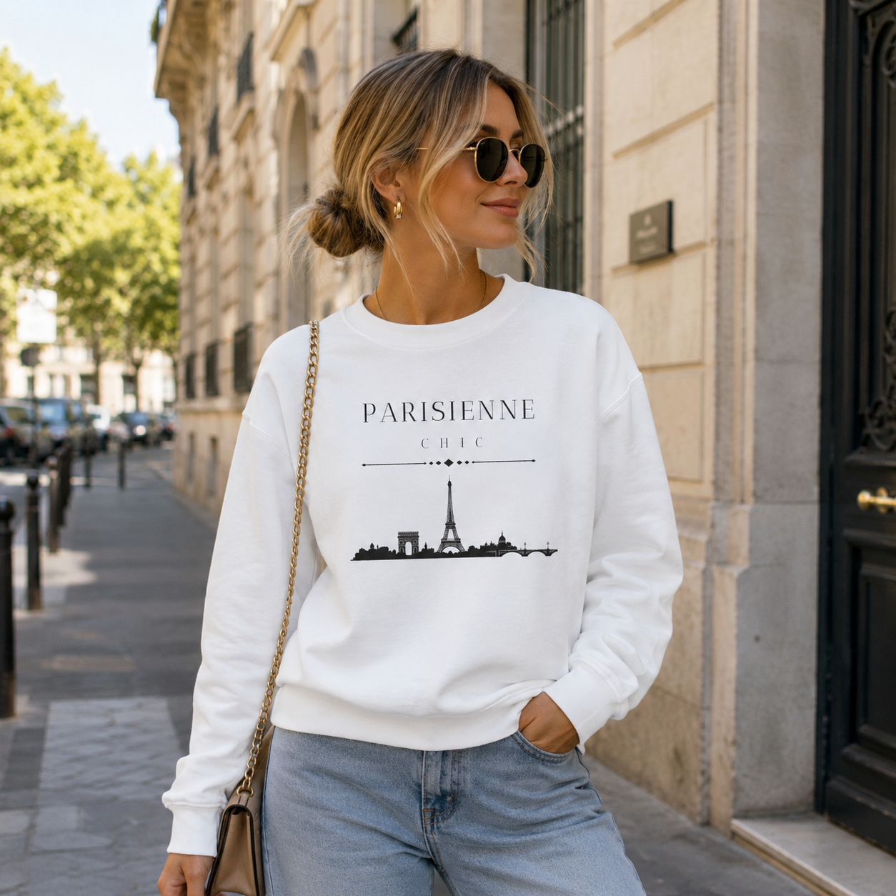 A woman wearing a white crewneck sweatshirt with a black Paris graphic print, paired with light blue jeans and sunglasses, standing on a city sidewalk.