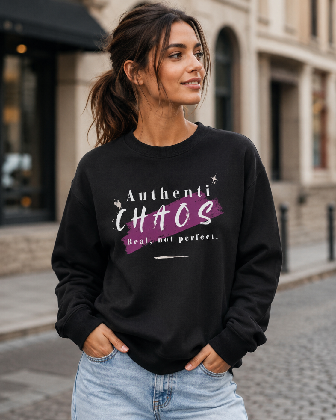 A woman wearing a black crewneck sweatshirt with a purple and white graphic that reads 'Authenti CHAOS Real, not perfect.' standing on a cobblestone street in front of a blurred building.