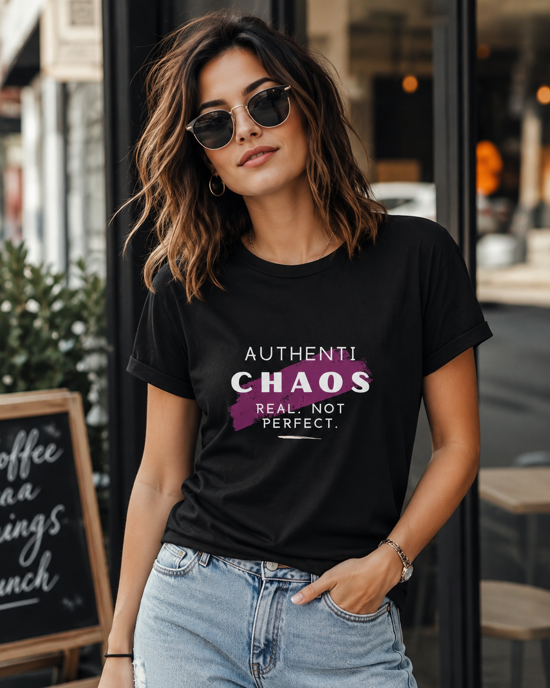 A woman wearing a black graphic t-shirt with the text 'AUTHENTICHAOS REAL, NOT PERFECT.' in white and purple, paired with light-wash blue jeans, standing in front of a coffee shop storefront.