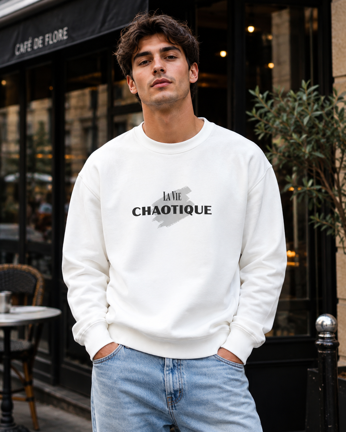 A man wearing a white crewneck sweatshirt with a black graphic print that reads 'LA VIE CHAOTIQUE' and light blue jeans, standing in front of a cafe storefront.