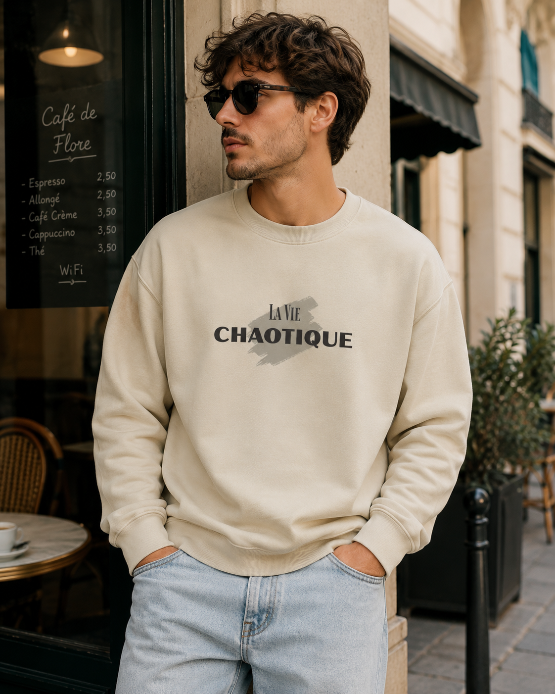 A man wearing a cream-colored crewneck sweatshirt with 'LA VIE CHAOTIQUE' printed in black across the chest, paired with light blue jeans, standing on a city street in front of a cafe.