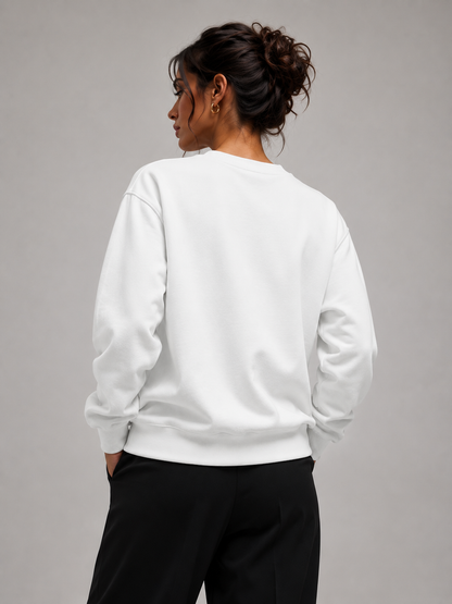Woman wearing a white Sweatshirt, backside