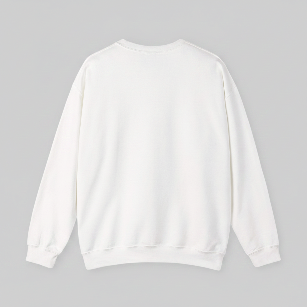 A plain white crewneck sweatshirt shown from the back, laid flat against a neutral gray background.