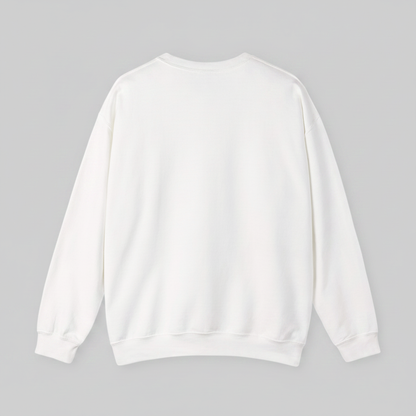 A plain white crewneck sweatshirt shown from the back, laid flat against a neutral gray background.