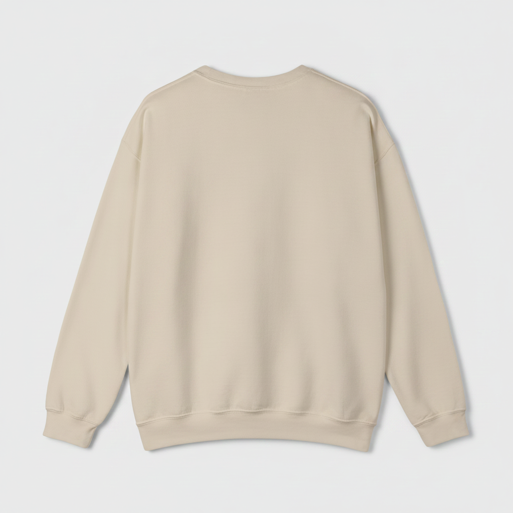 A light beige crewneck sweatshirt shown from the back, laid flat against a clean, light gray background.