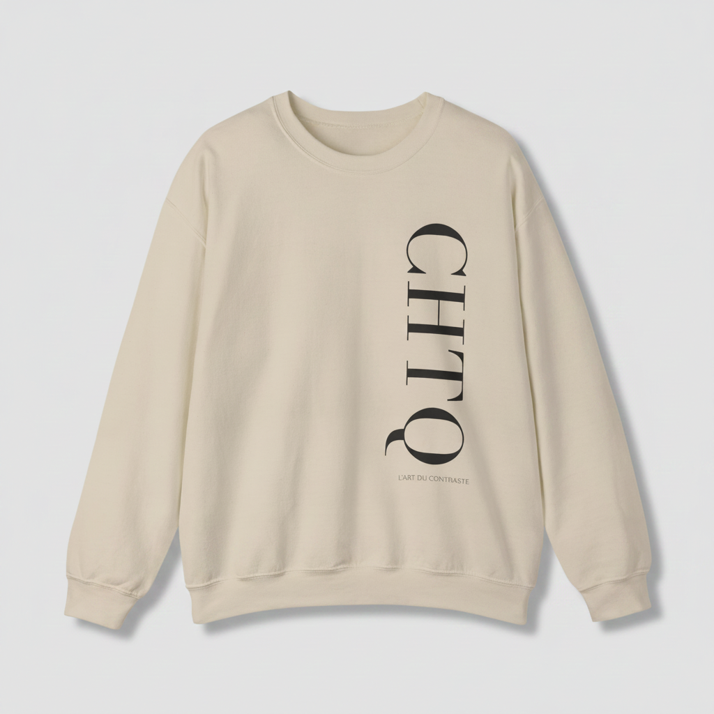 A beige crewneck sweatshirt with a vertical black CHTQ graphic and smaller L’Art du Contraste text on the front, displayed against a neutral gray background.
