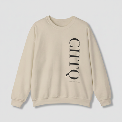 A beige crewneck sweatshirt with a vertical black CHTQ graphic and smaller L’Art du Contraste text on the front, displayed against a neutral gray background.