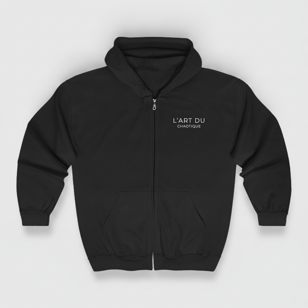 A black zip-up hoodie featuring the white "L'ART DU CHAOTIQUE" graphic on the left chest, displayed against a light gray background.