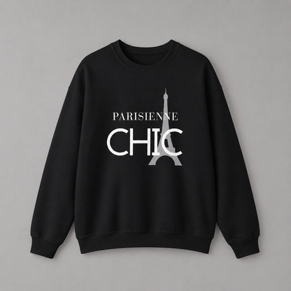 Black crewneck sweatshirt featuring a white “PARISIENNE CHIC” graphic with a stylized Eiffel Tower, displayed against a neutral gray studio background.
