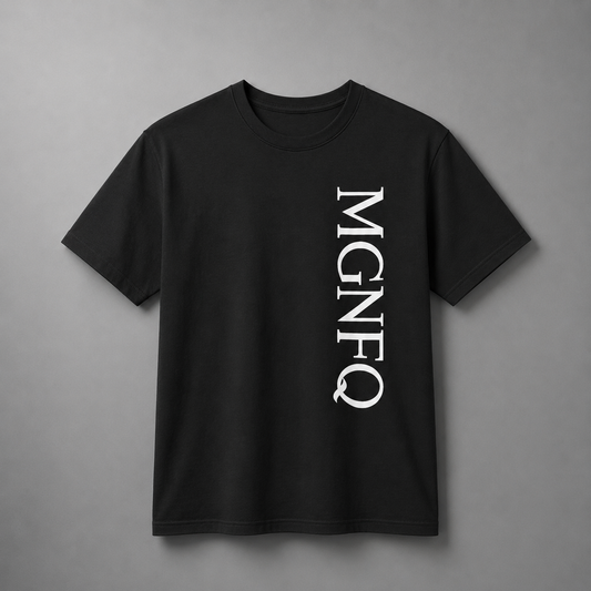 A black short-sleeve crewneck T-shirt featuring a vertical white “MGNFQ” print along the right side of the chest, displayed against a clean, neutral gray background.
