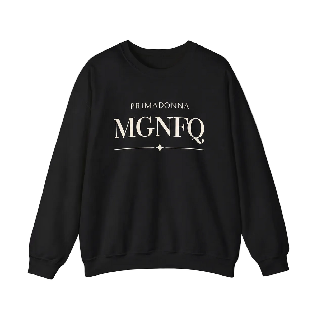 A black crewneck sweatshirt featuring cream-colored “PRIMADONNA MGNFQ” text on the chest, accented with a decorative line and small diamond detail, against a neutral gray background.