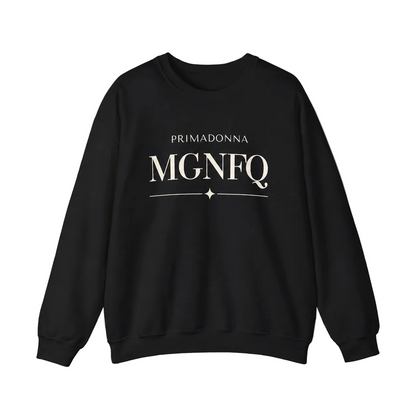 A black crewneck sweatshirt featuring cream-colored “PRIMADONNA MGNFQ” text on the chest, accented with a decorative line and small diamond detail, against a neutral gray background.