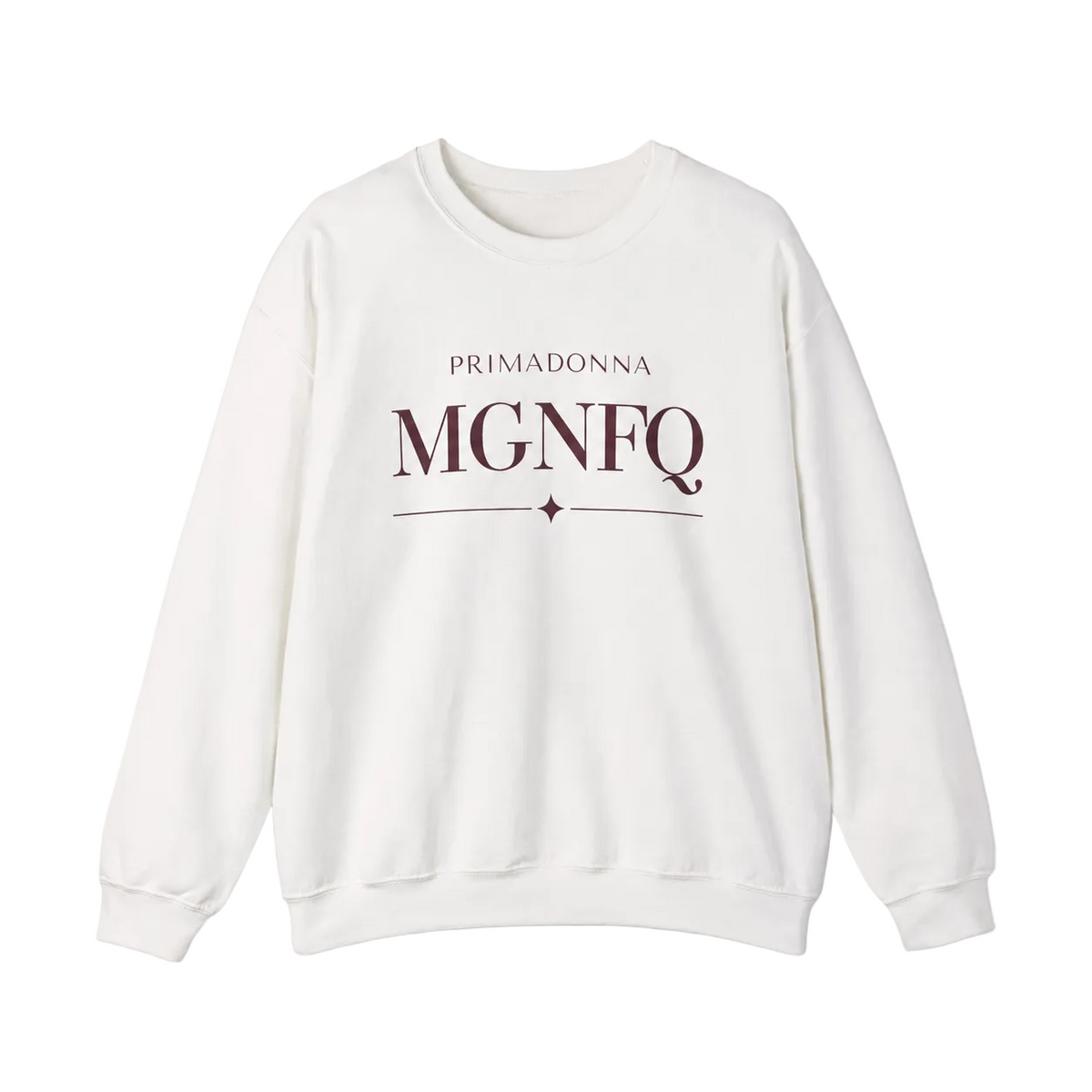 A white crewneck sweatshirt featuring cream-colored “PRIMADONNA MGNFQ” text on the chest, accented with a decorative line and small diamond detail, against a neutral gray background.
