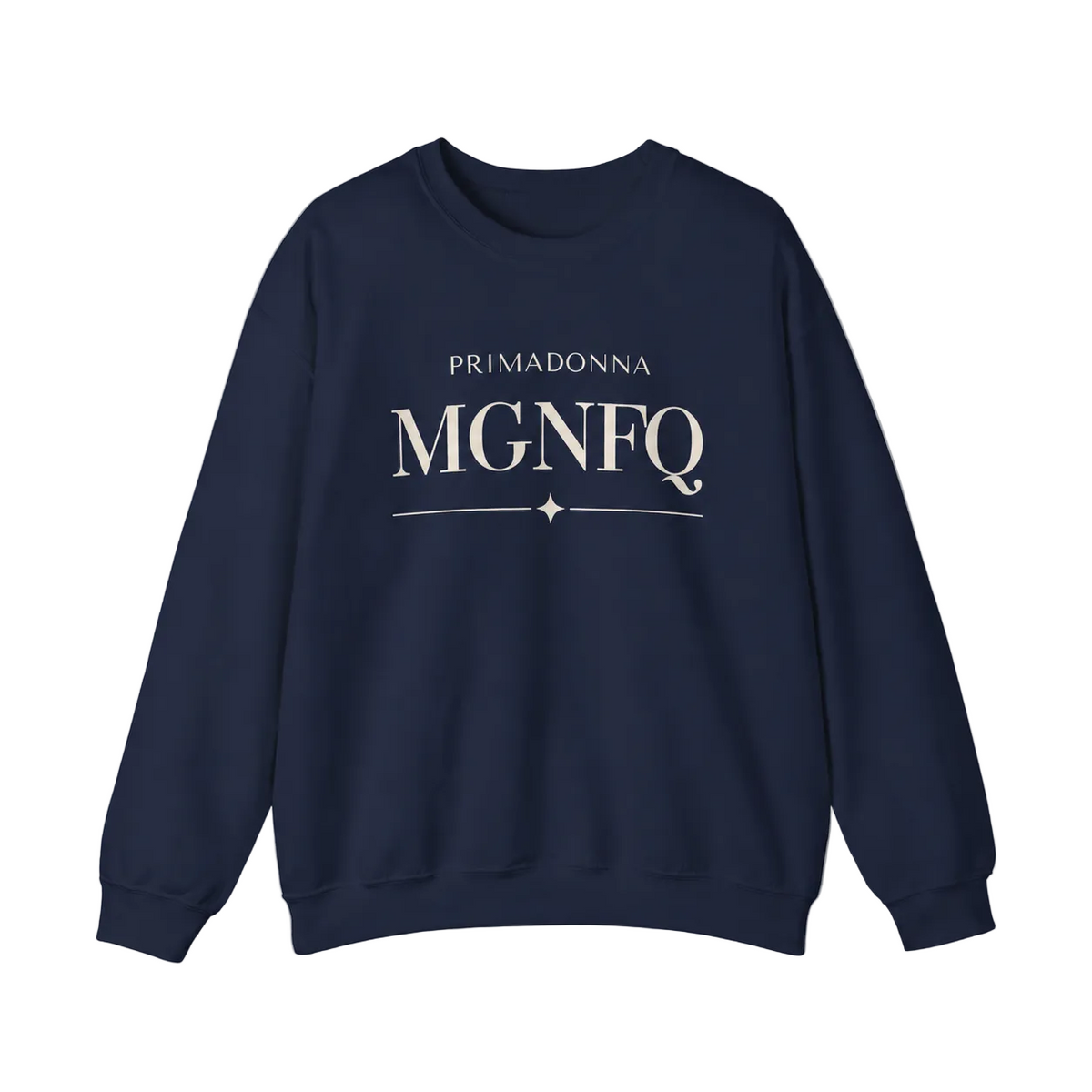 A navy blue crewneck sweatshirt featuring cream-colored “PRIMADONNA MGNFQ” text on the chest, accented with a decorative line and small diamond detail, against a neutral gray background.