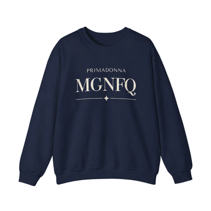 A navy blue crewneck sweatshirt featuring cream-colored “PRIMADONNA MGNFQ” text on the chest, accented with a decorative line and small diamond detail, against a neutral gray background.