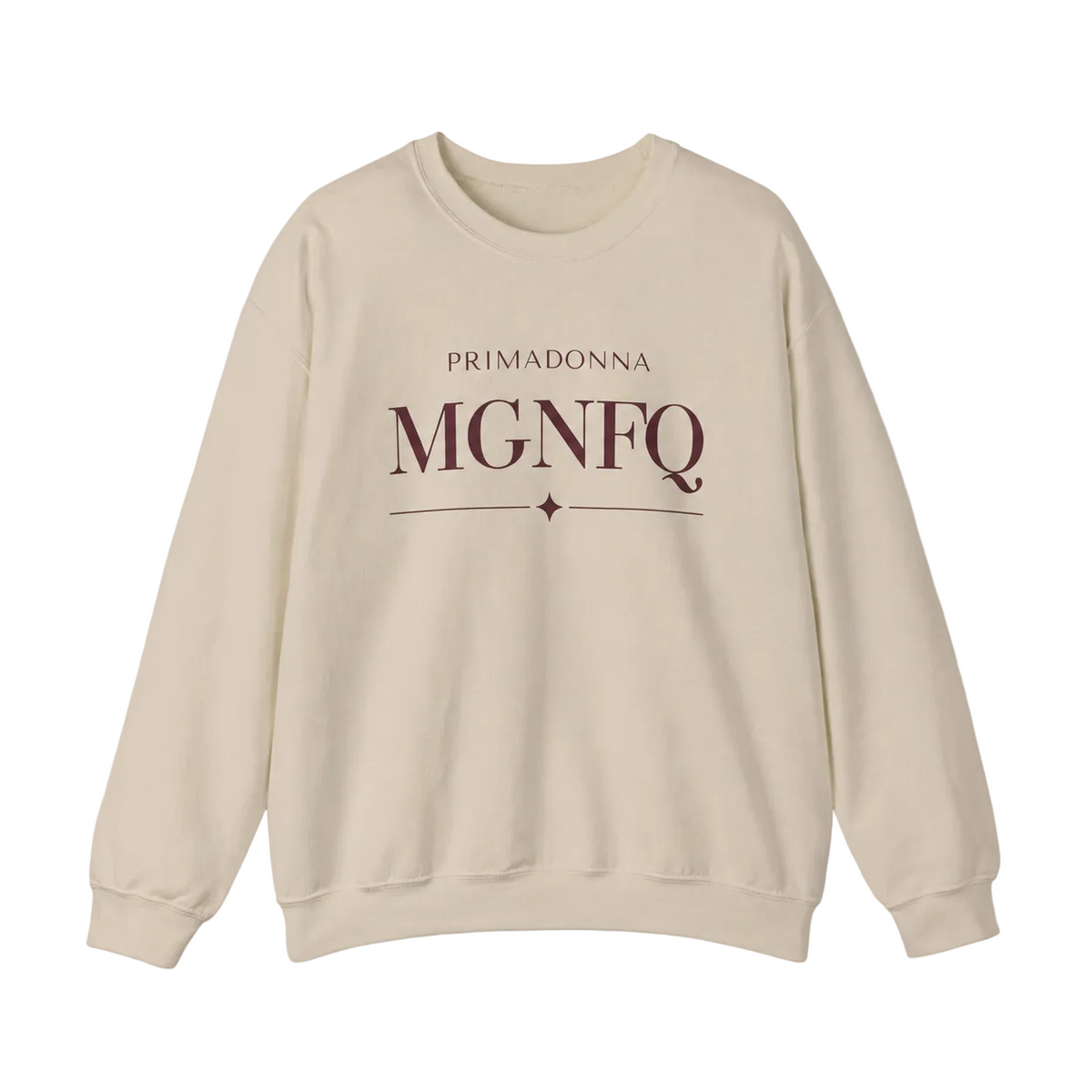 A beige crewneck sweatshirt featuring cream-colored “PRIMADONNA MGNFQ” text on the chest, accented with a decorative line and small diamond detail, against a neutral gray background.