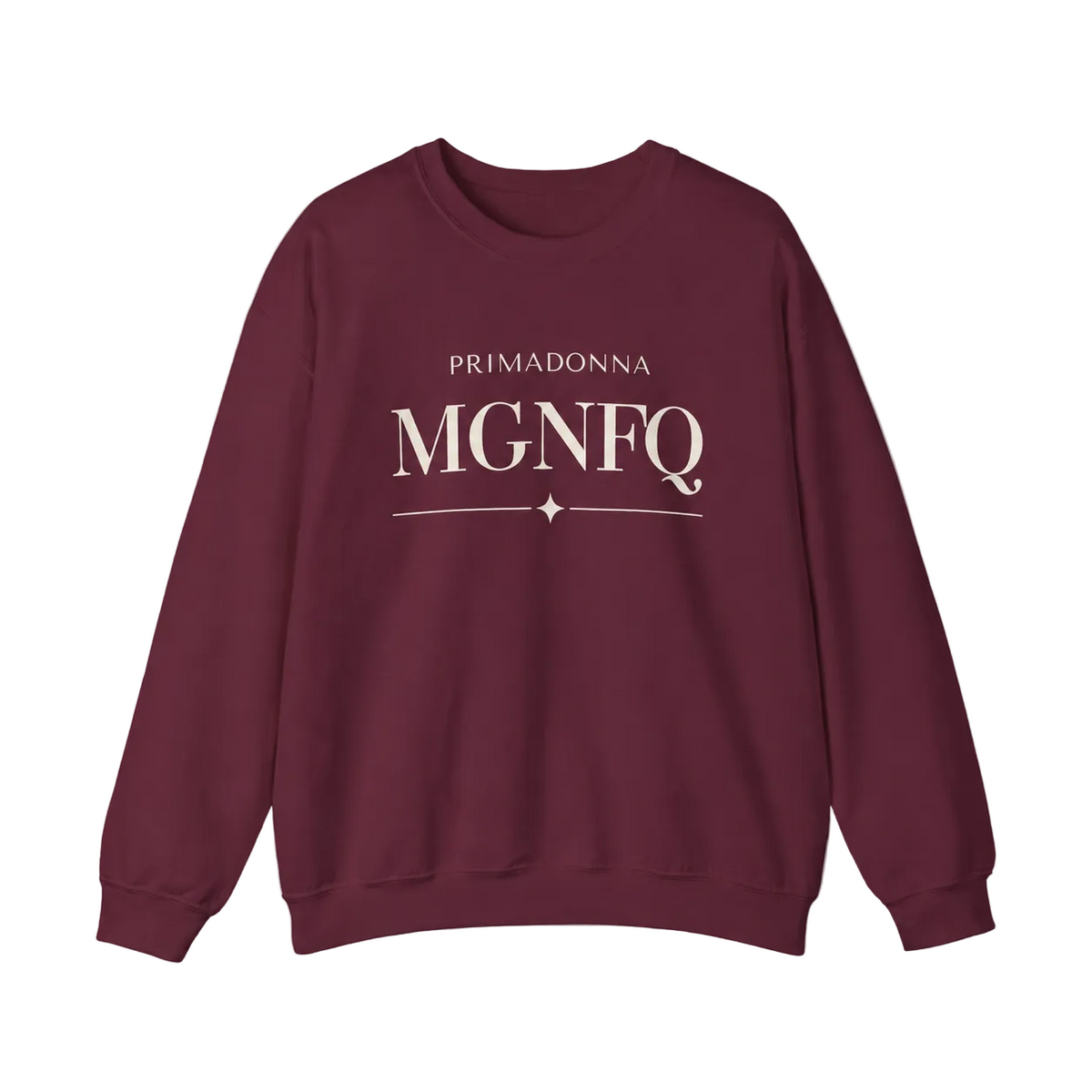 A maroon crewneck sweatshirt featuring cream-colored “PRIMADONNA MGNFQ” text on the chest, accented with a decorative line and small diamond detail, against a neutral gray background.