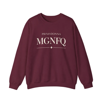 A maroon crewneck sweatshirt featuring cream-colored “PRIMADONNA MGNFQ” text on the chest, accented with a decorative line and small diamond detail, against a neutral gray background.