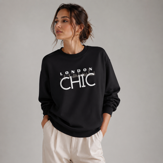 Woman wearing a black London Chic crewneck sweatshirt with a white skyline graphic and cream trousers against a neutral gray studio background.