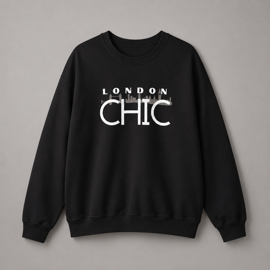 Black London Chic crewneck sweatshirt featuring a white skyline graphic print, displayed against a neutral gray studio background.