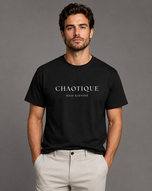 A man wearing a black short-sleeve crewneck t-shirt with 'CHAOTIQUE MAIS RAFFINE' printed in white across the chest, paired with light beige trousers, against a solid gray studio background.