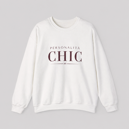 White crewneck sweatshirt featuring dark burgundy “PERSONALITÀ CHIC” text on the front.