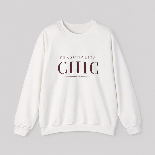White crewneck sweatshirt featuring dark burgundy “PERSONALITÀ CHIC” text on the front.