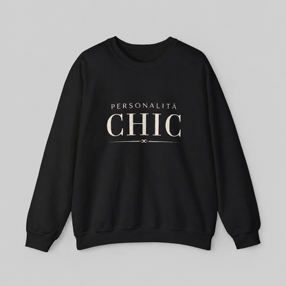 BLack crewneck sweatshirt featuring white “PERSONALITÀ CHIC” text on the front.