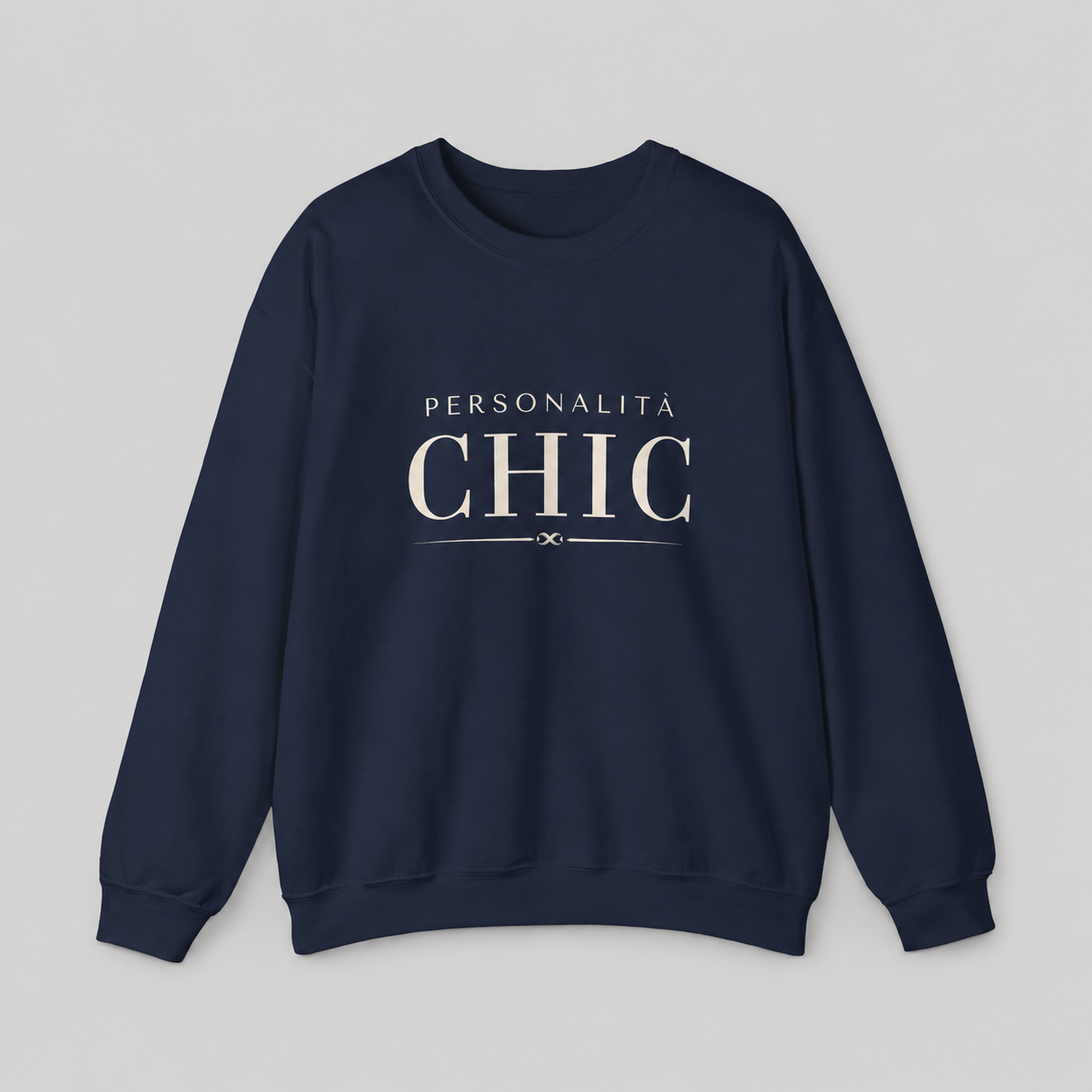 Navy blue crewneck sweatshirt featuring white “PERSONALITÀ CHIC” text on the front.