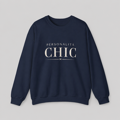 Navy blue crewneck sweatshirt featuring white “PERSONALITÀ CHIC” text on the front.
