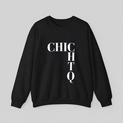 A black crewneck sweatshirt with a bold white graphic print spelling 'CHICHO' vertically on the front, displayed against a neutral gray background.