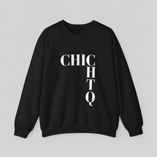 A black crewneck sweatshirt with a bold white graphic print spelling 'CHICHO' vertically on the front, displayed against a neutral gray background.