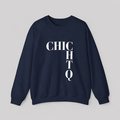 A navy blue crewneck sweatshirt with a bold white graphic print spelling 'CHIC CHTQ' vertically on the front, displayed against a neutral gray background.