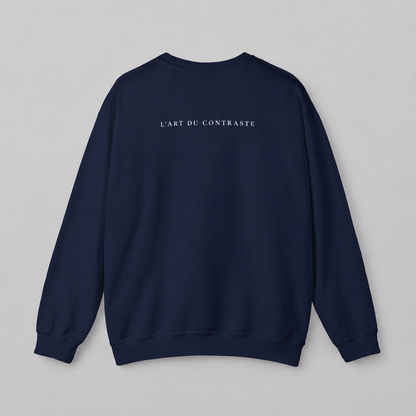 Navy blue sweatshirt from back with text 'L'Art du contraste'