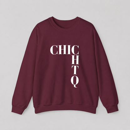 A maroon crewneck sweatshirt with 'CHICHTQ' printed in bold white letters on the front, laid flat against a light gray background.