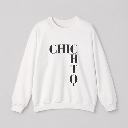A white crewneck sweatshirt with a bold black graphic spelling 'CHICHO' stacked vertically on the front, displayed flat against a neutral gray background.