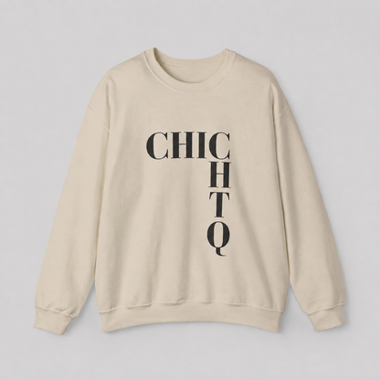 A cream-colored crewneck sweatshirt with the word 'CHICHTQ' printed vertically in black serif letters across the chest, laid flat on a light gray background.