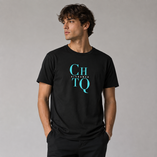 A man wearing a black short-sleeve T-shirt featuring a turquoise “CHTQ” graphic with “ELEGANZA” lettering on the chest, photographed against a light gray studio background.