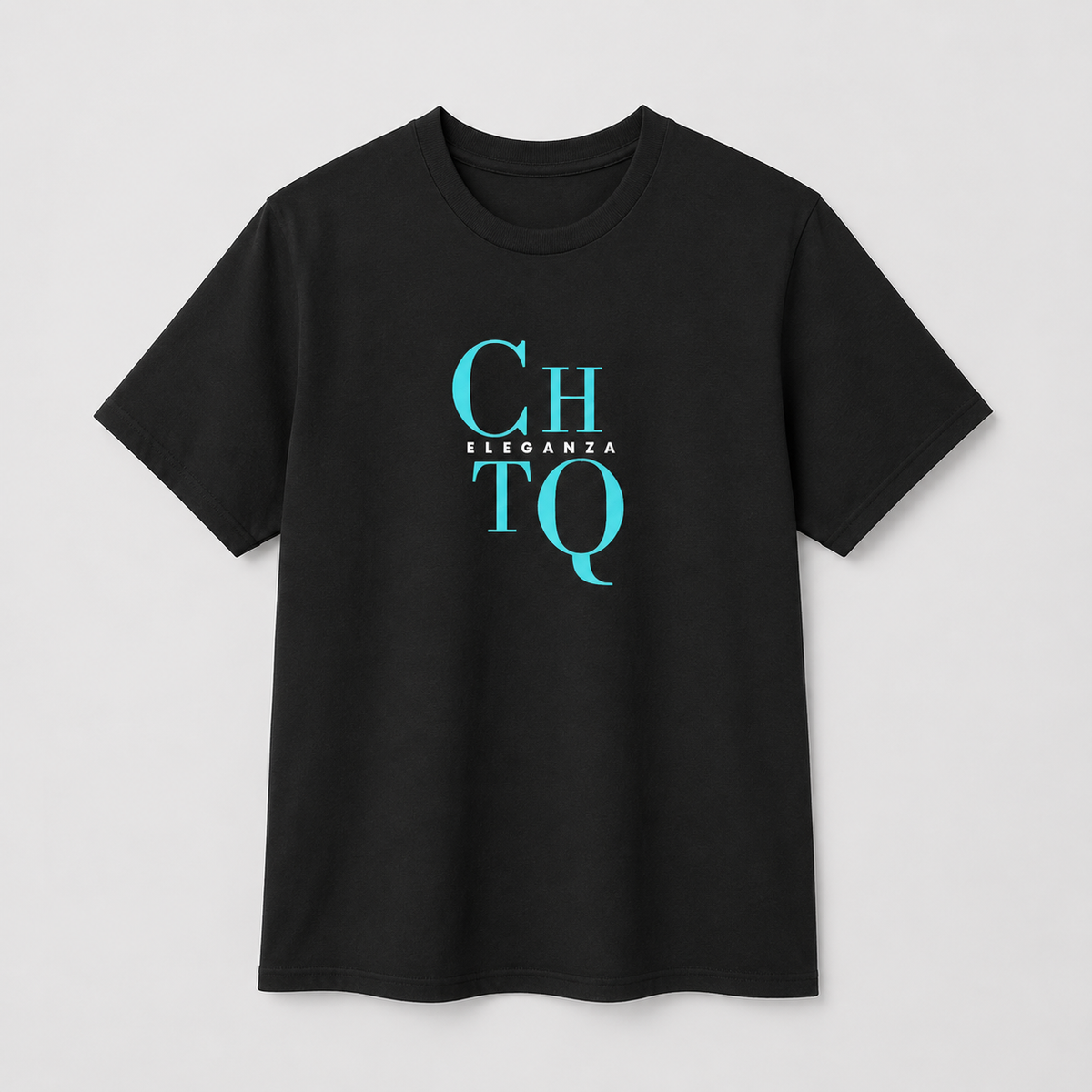 Black crewneck T-shirt featuring a turquoise “CHTQ” graphic with “ELEGANZA” lettering on the front.