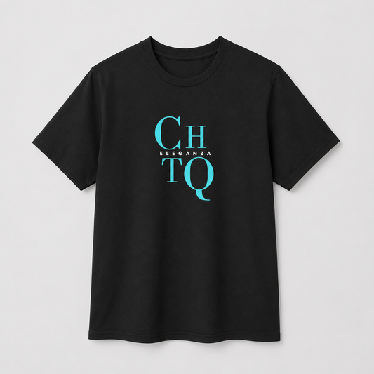Black crewneck T-shirt featuring a turquoise “CHTQ” graphic with “ELEGANZA” lettering on the front.